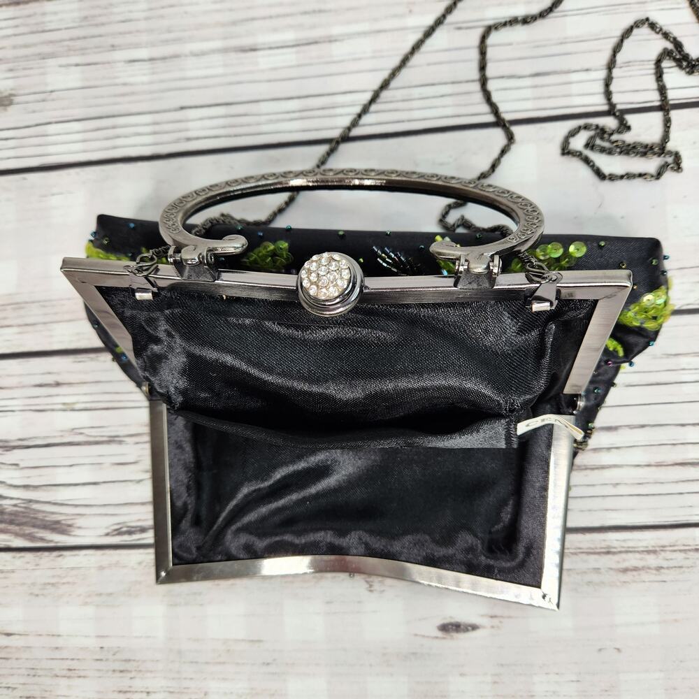 CEM Vintage Black Sequins Silver Handle Purse Mini Bag Floral - Picture 6 of 8